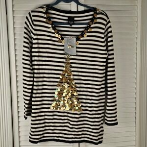 NWT Berek Womens Black White Gold‎ Embellished Sequin Christmas Tree Sweater Sml